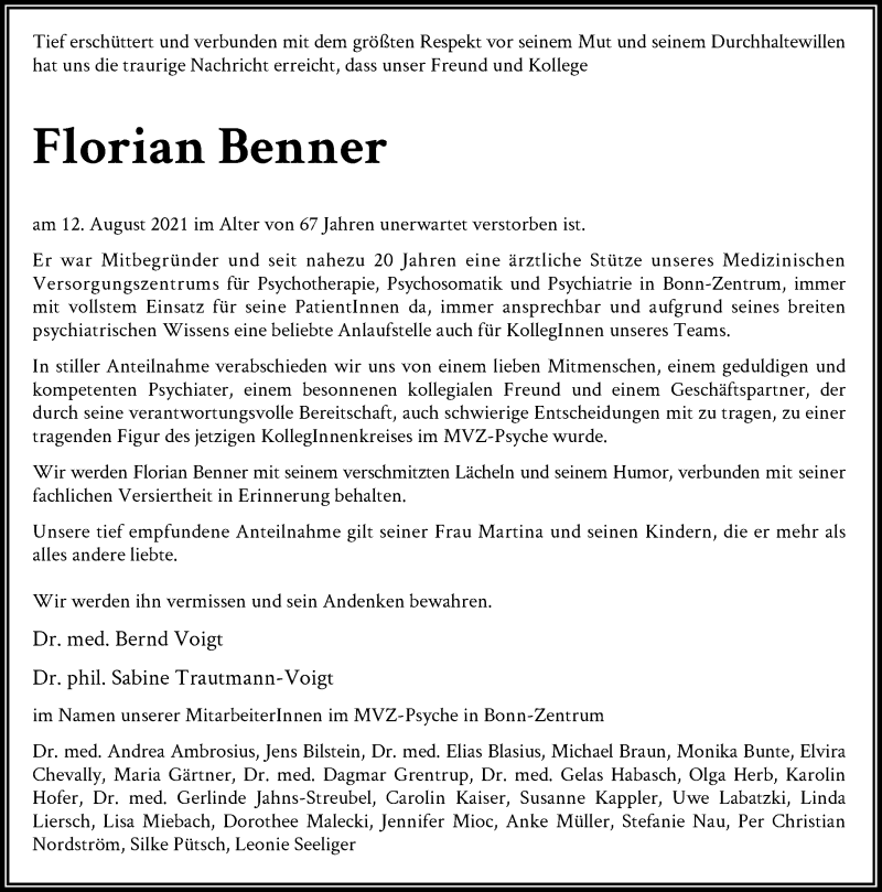  Traueranzeige für Florian Benner vom 21.08.2021 aus General-Anzeiger Bonn