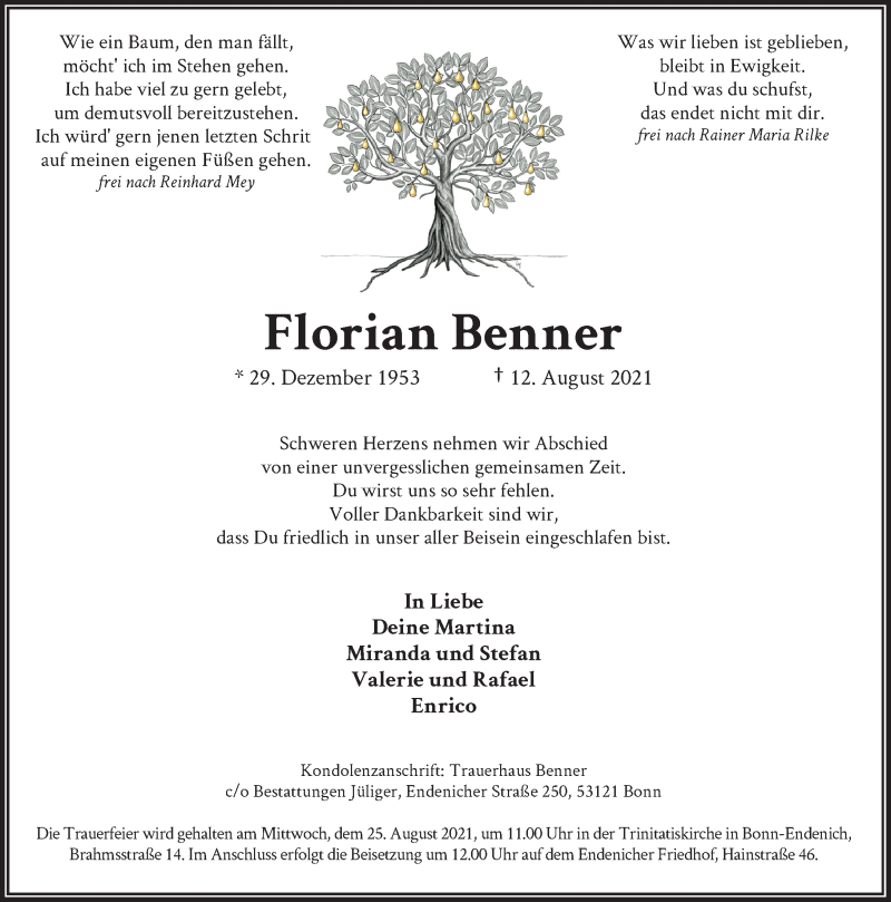  Traueranzeige für Florian Benner vom 21.08.2021 aus General-Anzeiger Bonn
