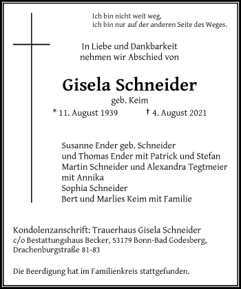 Anzeige von Gisela Schneider von General-Anzeiger Bonn