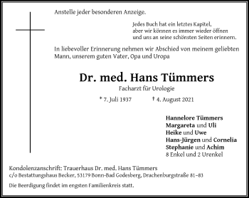 Anzeige von Hans Tümmers von General-Anzeiger Bonn