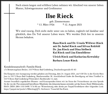 Anzeige von Ilse Rieck von General-Anzeiger Bonn