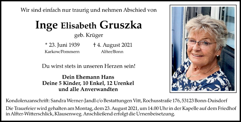  Traueranzeige für Inge Elisabeth Gruszka vom 21.08.2021 aus General-Anzeiger Bonn