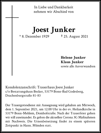 Anzeige von Joest Junker von General-Anzeiger Bonn