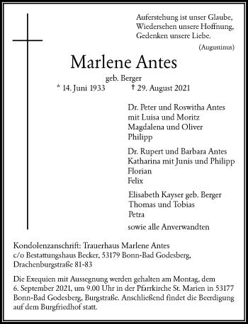 Anzeige von Marlene Antes von General-Anzeiger Bonn