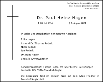 Anzeige von Paul Heinz Hagen von General-Anzeiger Bonn