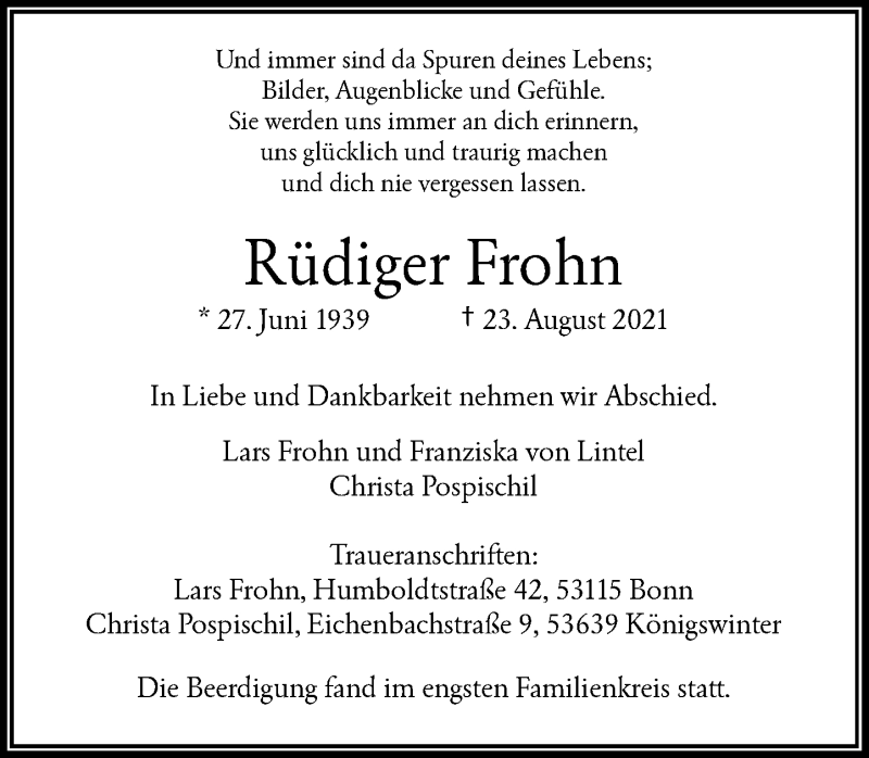  Traueranzeige für Rüdiger Frohn vom 04.09.2021 aus General-Anzeiger Bonn