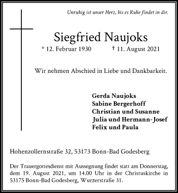 Anzeige von Siegfried Naujoks von General-Anzeiger Bonn
