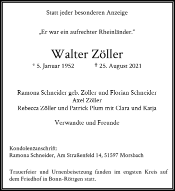Anzeige von Walter Zöller von General-Anzeiger Bonn