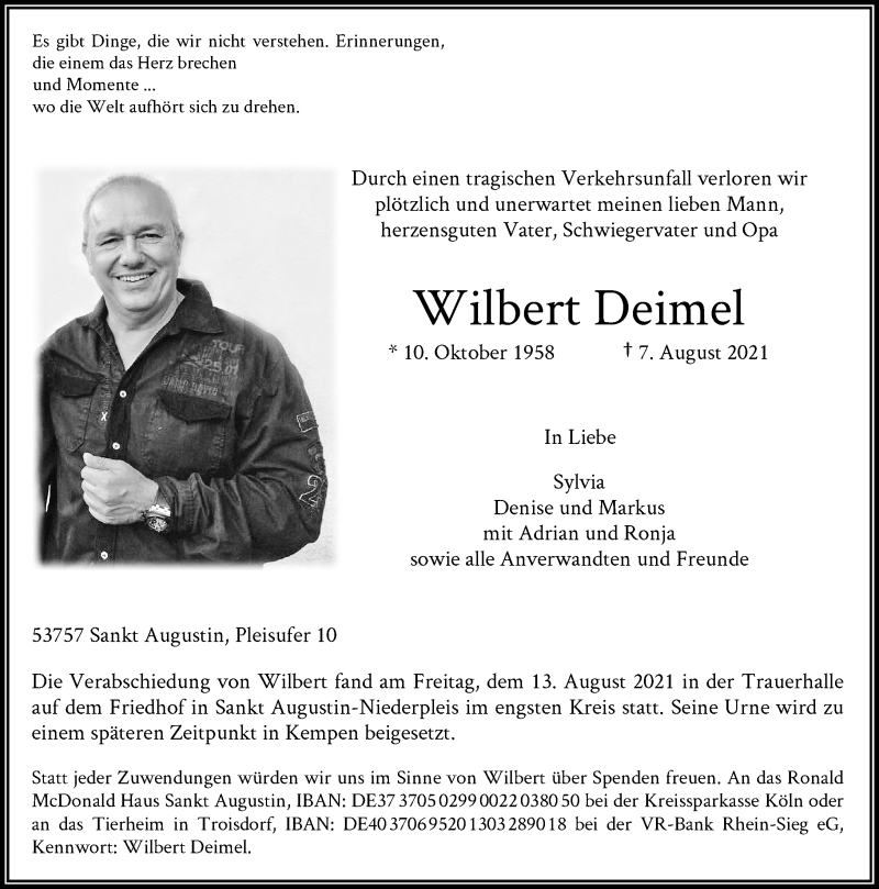  Traueranzeige für Wilbert Deimel vom 14.08.2021 aus General-Anzeiger Bonn