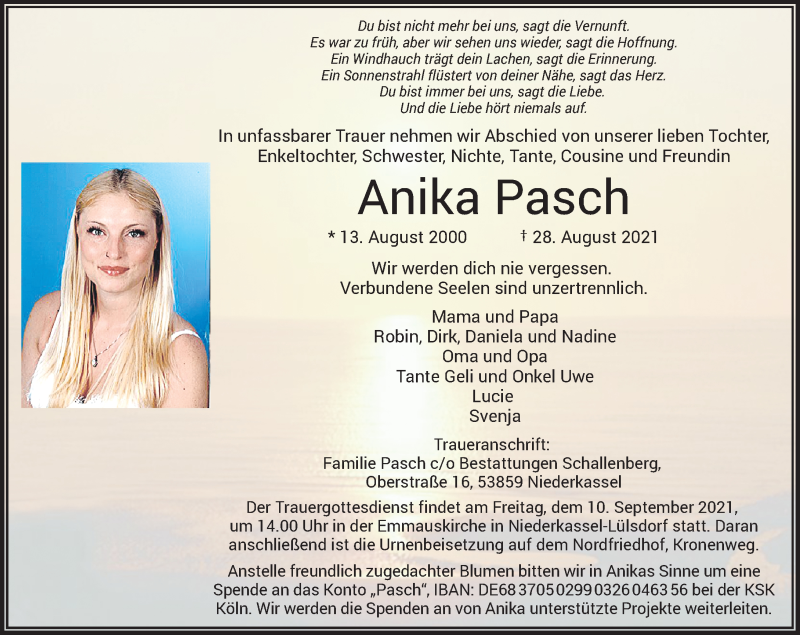  Traueranzeige für Anika Pasch vom 03.09.2021 aus General-Anzeiger Bonn