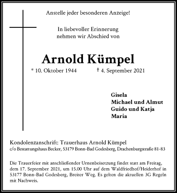 Anzeige von Arnold Kümpel von General-Anzeiger Bonn