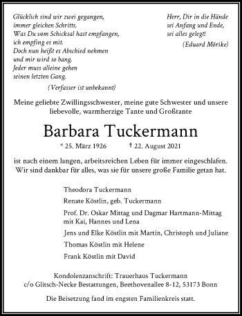 Anzeige von Barbara Tuckermann von General-Anzeiger Bonn