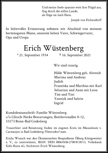 Anzeige von Erich Wüstenberg von General-Anzeiger Bonn
