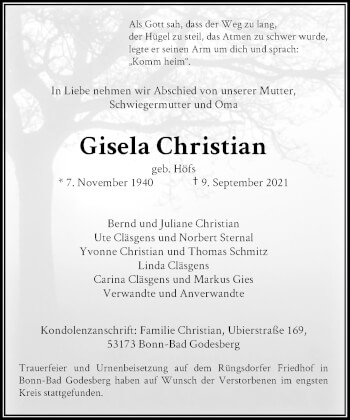 Anzeige von Gisela Christian von General-Anzeiger Bonn