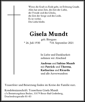 Anzeige von Gisela Mundt von General-Anzeiger Bonn