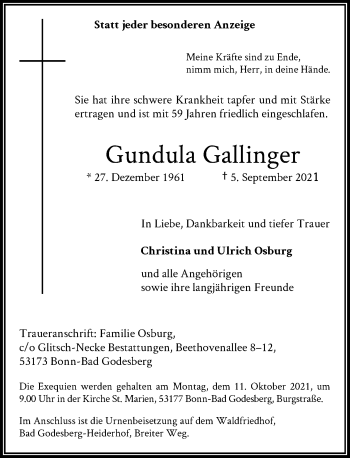 Anzeige von Gundula Gallinger von General-Anzeiger Bonn