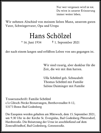 Anzeige von Hans Schölzel von General-Anzeiger Bonn