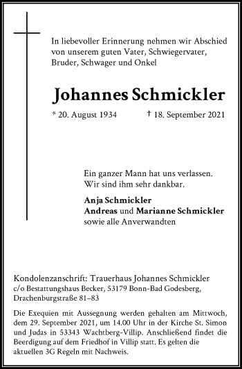 Anzeige von Johannes Schmickler von General-Anzeiger Bonn