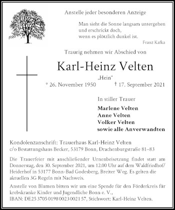 Anzeige von Karl-Heinz Velten von General-Anzeiger Bonn