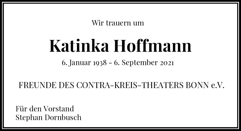  Traueranzeige für Katinka Hoffmann vom 29.09.2021 aus General-Anzeiger Bonn