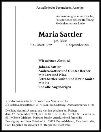 Anzeige von Maria Sattler von General-Anzeiger Bonn
