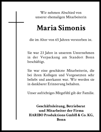 Anzeige von Maria Simonis von General-Anzeiger Bonn