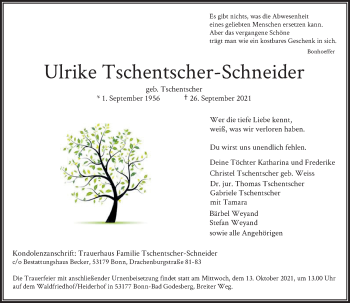 Anzeige von Ulrike Tschentscher-Schneider von General-Anzeiger Bonn