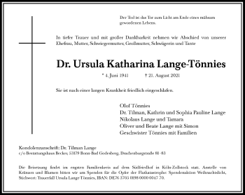 Anzeige von Ursula Katharina Lange-Tönnies von General-Anzeiger Bonn