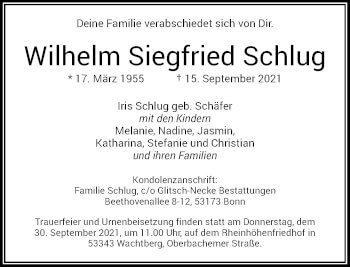 Anzeige von Wilhelm Siegfried Schlug von General-Anzeiger Bonn