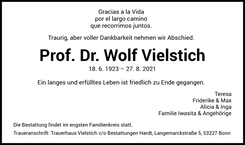  Traueranzeige für Wolf Vielstich vom 04.09.2021 aus General-Anzeiger Bonn