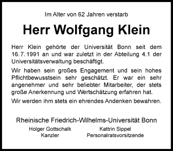 Anzeige von Wolfgang Klein von General-Anzeiger Bonn