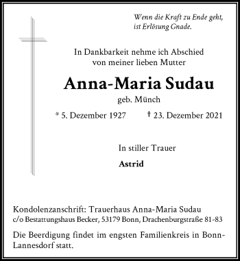 Anzeige von Anna-Maria Sudau von General-Anzeiger Bonn
