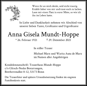Anzeige von Anna Gisela Mundt-Hoppe von General-Anzeiger Bonn