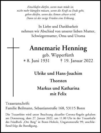Anzeige von Annemarie Henning von General-Anzeiger Bonn