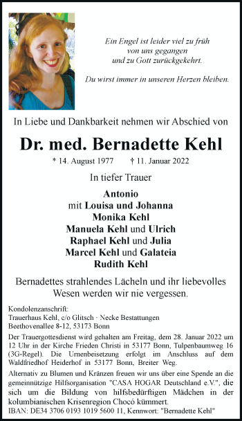 Anzeige von Bernadette Kehl von General-Anzeiger Bonn