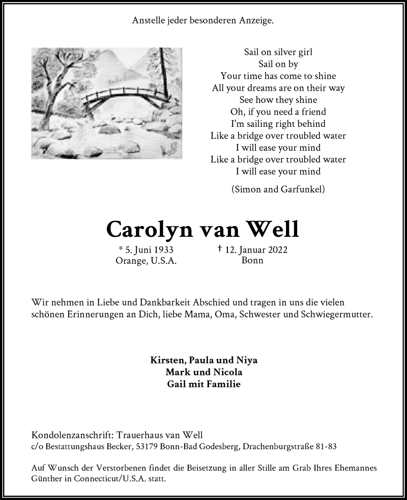  Traueranzeige für Carolyn van Well vom 15.01.2022 aus General-Anzeiger Bonn