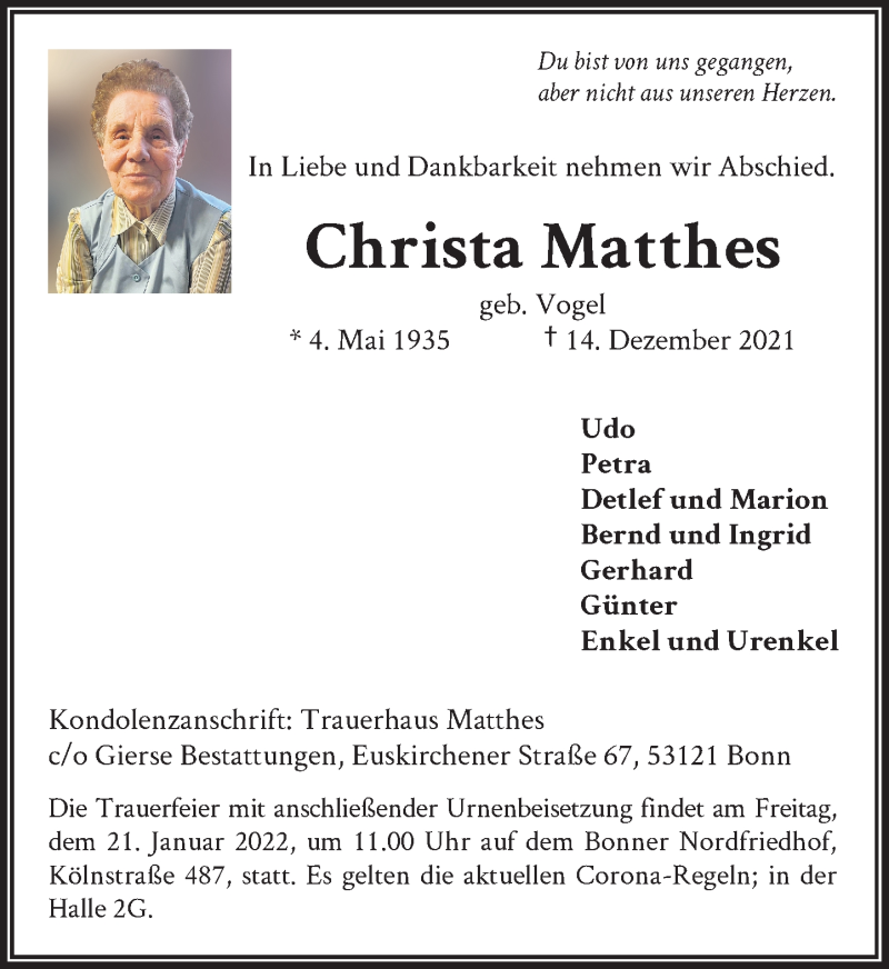  Traueranzeige für Christa Matthes vom 08.01.2022 aus General-Anzeiger Bonn