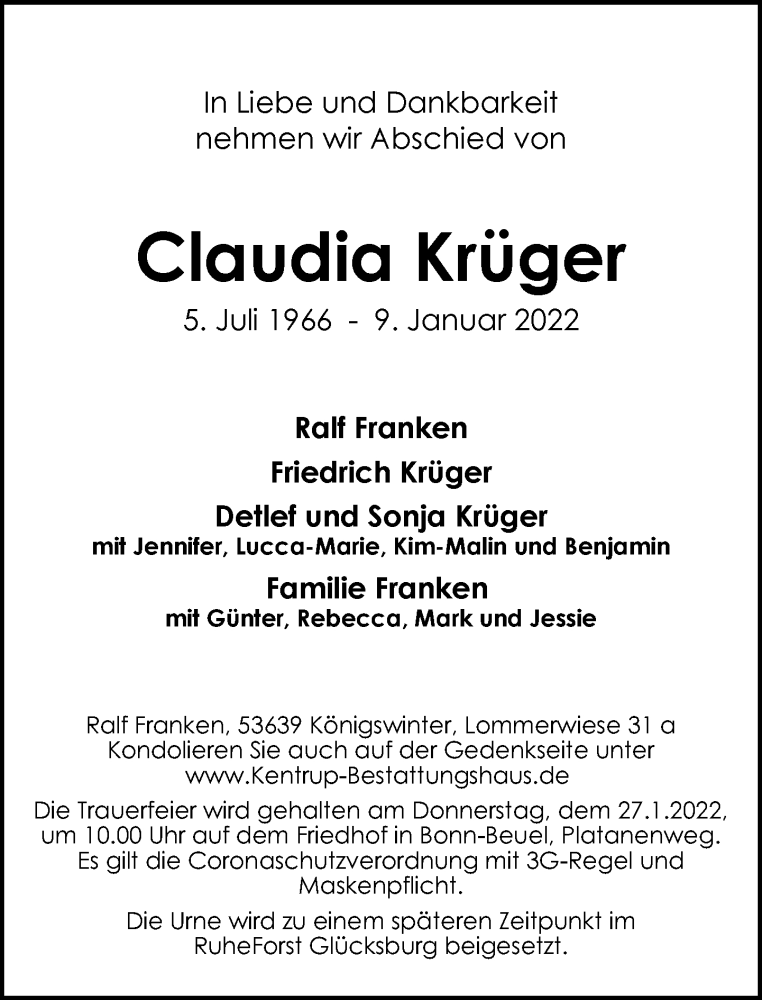  Traueranzeige für Claudia Krüger vom 22.01.2022 aus General-Anzeiger Bonn