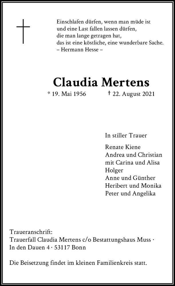  Traueranzeige für Claudia Mertens vom 05.01.2022 aus General-Anzeiger Bonn