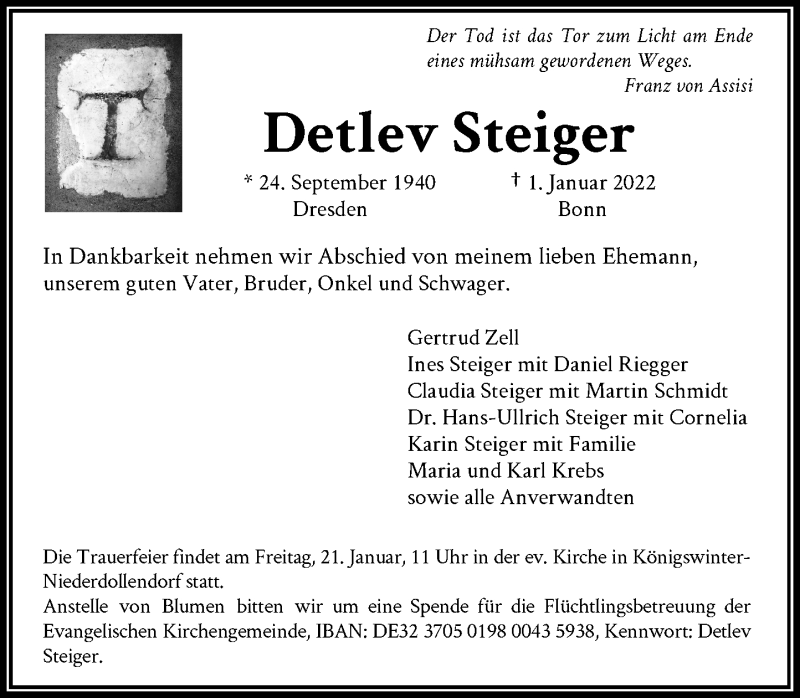  Traueranzeige für Detlev Steiger vom 15.01.2022 aus General-Anzeiger Bonn