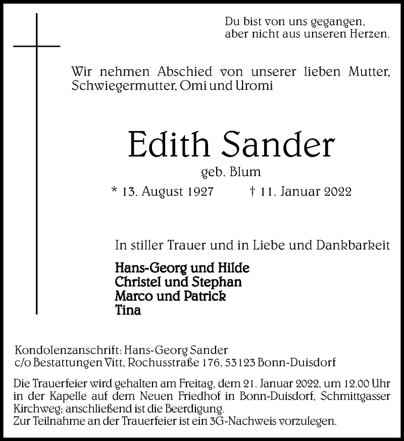  Traueranzeige für Edith Sander vom 15.01.2022 aus General-Anzeiger Bonn