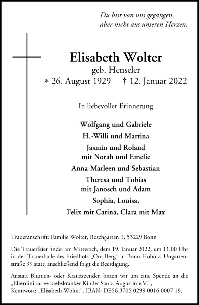  Traueranzeige für Elisabeth Wolter vom 15.01.2022 aus General-Anzeiger Bonn