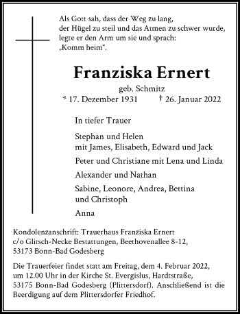 Anzeige von Franziska Ernert von General-Anzeiger Bonn