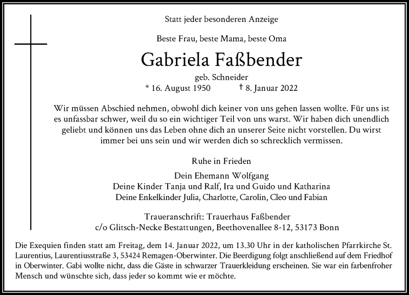  Traueranzeige für Gabriela Faßbender vom 11.01.2022 aus General-Anzeiger Bonn