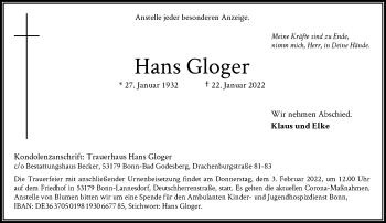 Anzeige von Hans Gloger von General-Anzeiger Bonn