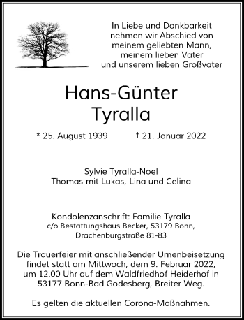 Anzeige von Hans-Günter Tyralla von General-Anzeiger Bonn