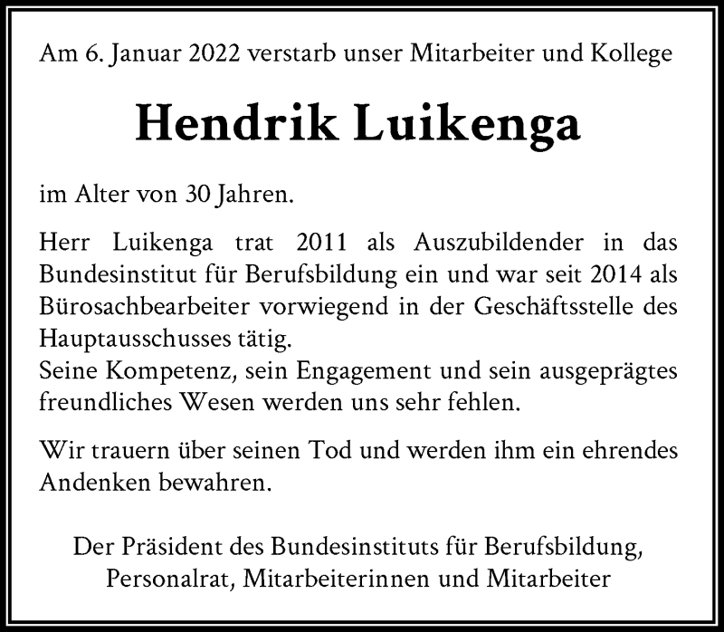 Traueranzeige für Hendrik Luikenga vom 11.01.2022 aus General-Anzeiger Bonn
