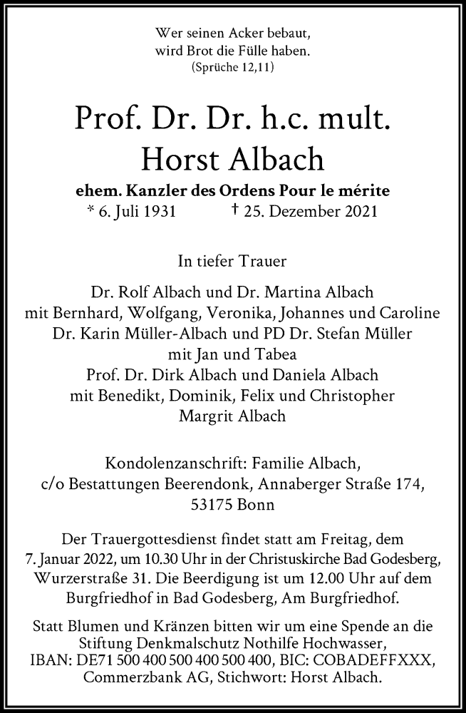  Traueranzeige für Horst Albach vom 05.01.2022 aus General-Anzeiger Bonn