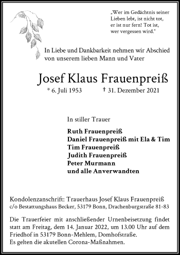 Anzeige von Josef Klaus Frauenpreiß von General-Anzeiger Bonn