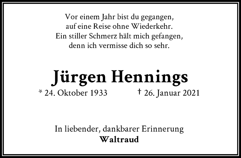  Traueranzeige für Jürgen Hennings vom 29.01.2022 aus General-Anzeiger Bonn